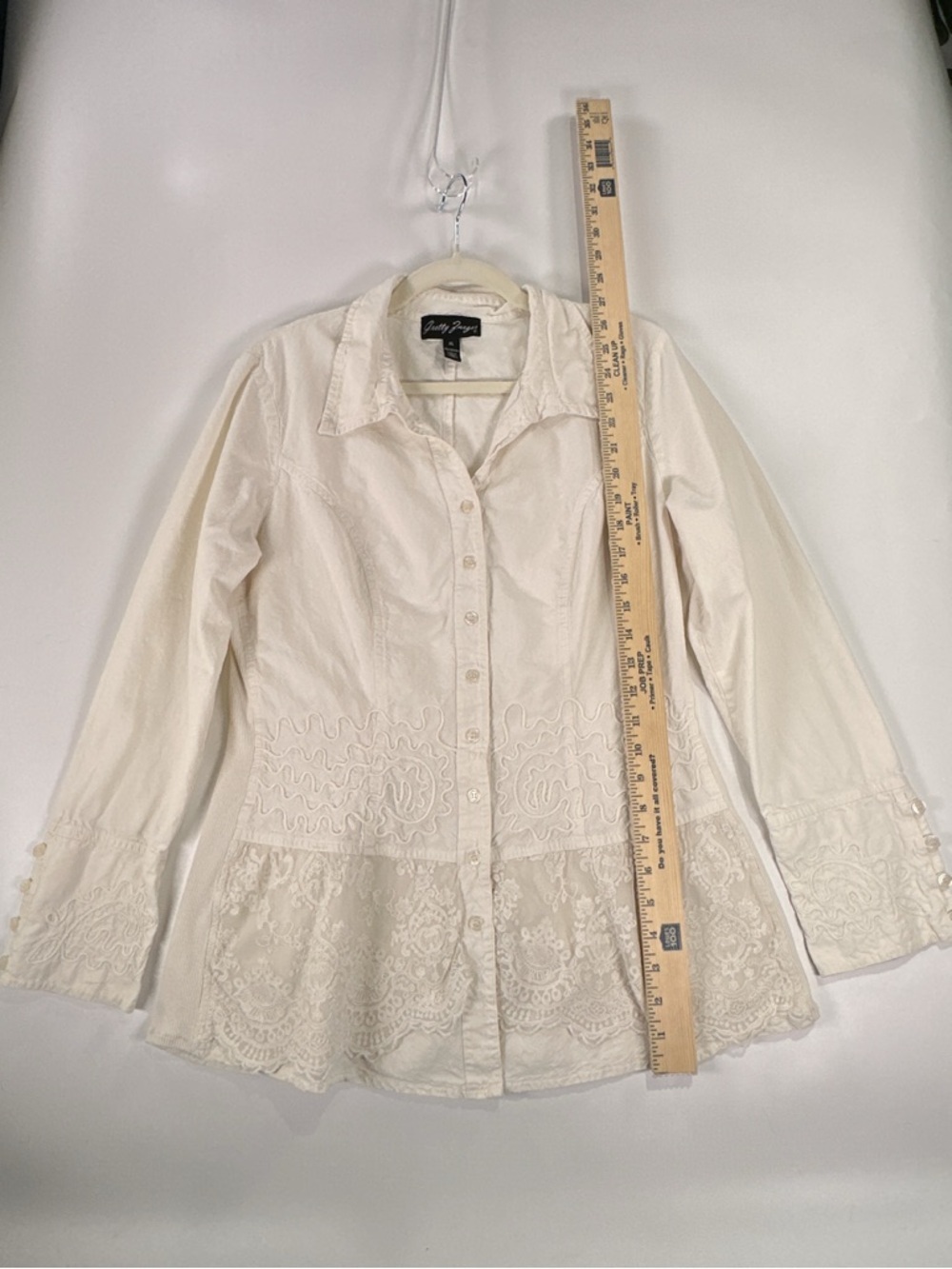Gretty Zueger Button Down Shirt Embroidered Lace Peplum Cotton White XL - Picture 12 of 12